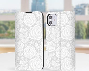 Rose Lace Pattern Wallet Phone Book Case for iPhone 18 Pro Max, iPhone 17 17E 16 16E 15 14, iPhone Air, Protective Cover