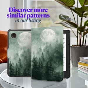 May include: A tablet case and e-reader with a forest and moon design. The cover features a misty forest scene with a full moon. The text "Discover more similar patterns in our listing" is displayed in purple. The e-reader is black.