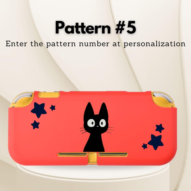 May include: A red Nintendo Switch Lite case featuring a black cat illustration and dark blue star accents. The case has yellow accents and the text "Pattern #5" and "Enter the pattern number at personalization".