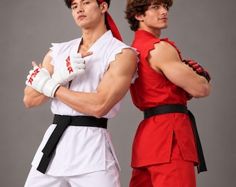Fighter Costume with Open Palm Gloves for Street Fighter, Halloween Cosplay, Ryu Ken Outfit