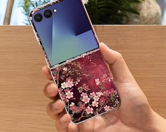 Cute Floral Artwork Galaxy Flip Phone Case for Samsung Galaxy Z Flip 8 7 7FE, Galaxy Flip 6, ZFlip 5 4, Shock Absorbent Aesthetic Cover