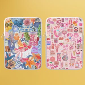 Könnte beinhalten: Zwei farbenfrohe Laptop-Hüllen mit einer Collage aus Bildern und Text. Die linke Hülle hat einen blauen Hintergrund mit Bildern von Obst, Blumen und einem Goldfisch. Die rechte Hülle hat einen rosa Hintergrund mit Bildern von Herzen, Sternen und einem Hummer. Der Text auf der linken Hülle lautet "Ruf mich an, wenn du dich verirrst" und "Können wir einen Brotkorb bekommen". Der Text auf der rechten Hülle lautet "Match love heaven" und "Können wir einen Brotkorb bekommen".