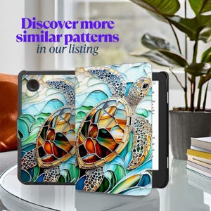May include: A black e-reader case with a colorful sea turtle design. The turtle has a stained glass effect with shades of brown, orange, and blue. The background features blue and green water patterns. Text reads "Discover more similar patterns in our listing."