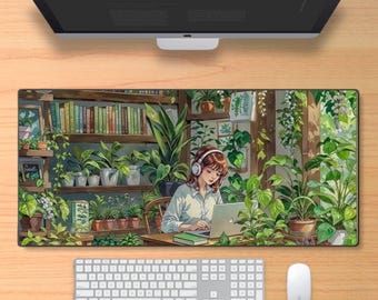 Cozy Botanical Bookstore Desk Mat, Large Extended Gaming Mouse Pad, Non-Slip Desk Pad for Laptop, Computer, Desktop, Keyboard