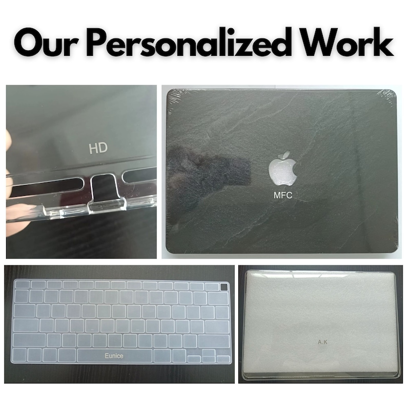 Pu&ograve; includere: Un set di accessori per laptop personalizzati, tra cui una custodia trasparente con "HD" stampato su di essa, una pelle per laptop nera con un logo Apple argentato e "MFC" stampato sotto, una copertura per tastiera trasparente con "Eunice" stampato su di essa e una custodia per laptop trasparente con "A.K." stampato su di essa.