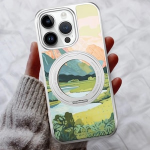 Berg Panorama 360 Spin Magnet Stand Leder Handyhülle passend für iPhone 17 17E 16 15 14, iPhone Pro Max, iPhone Air Plus, MagSafe Kompatibel