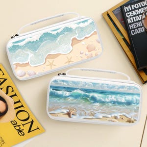 Estuche de transporte con un bonito diseño playero para Nintendo Switch 2/Switch, bolsa protectora de viaje con capacidad para 10 cartuchos de juegos y bolsillos para accesorios.