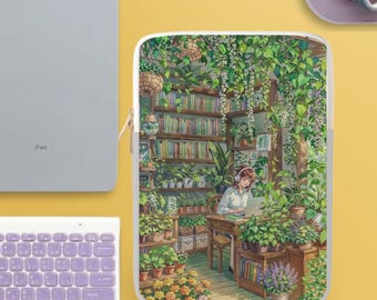 Cozy Botanical Bookstore Laptop Sleeve, Padded Case for MacBook, Chromebook, iPad and Tablets (10-15 inch)