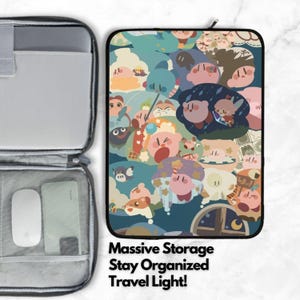 May include: A gray travel organizer with a zippered compartment and a colorful laptop sleeve. The sleeve features a cartoon design with various characters in shades of pink, blue, and green. Text on the bottom reads "Massive Storage Stay Organized Travel Light!"