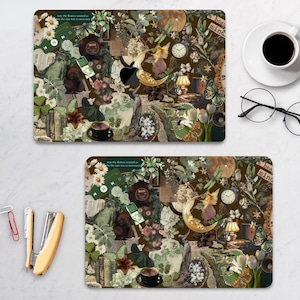 May include: A laptop skin and matching mouse pad featuring a dark brown collage of vintage botanical illustrations, a crescent moon, a frog, a clock, butterflies, flowers, and text that reads "may the flowers remind us why the rain was so necessary".