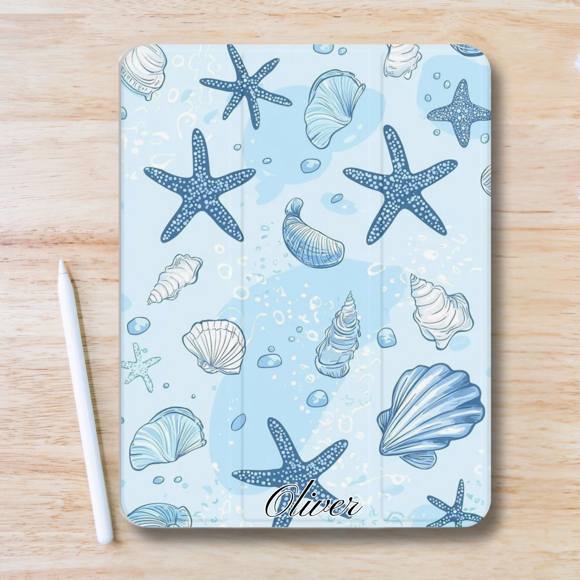 Personalized Name Seashells Starfish iPad Case W Pen Slot, Trifold
