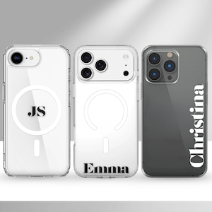 Könnte beinhalten: Drei transparente Handyhüllen mit personalisierten Designs. Eine Hülle zeigt die Initialen "JS", eine andere den Namen "Emma" und die dritte "Christina". Die Hüllen haben ein transparentes Design mit schwarzem Text.