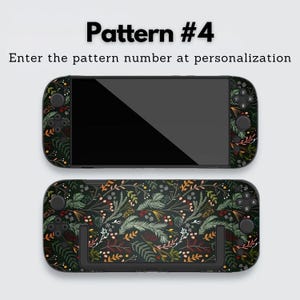 May include: Two black handheld gaming console skins with a floral pattern. The skins feature a dark background with a repeating pattern of green, orange, and white leaves and berries. The text "Pattern #4" and "Enter the pattern number at personalization" are at the top.