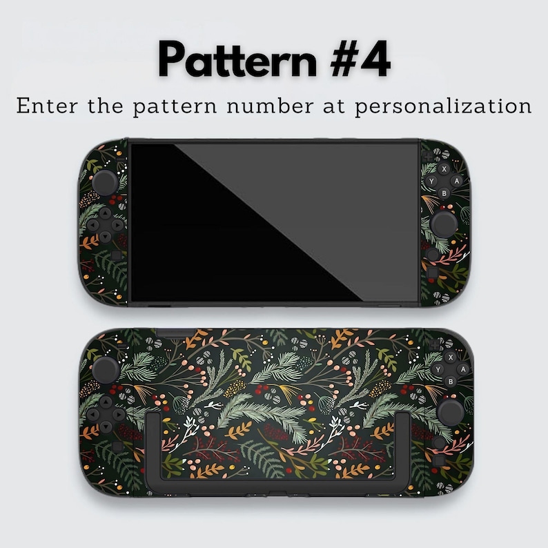 May include: Two black handheld gaming console skins with a floral pattern. The skins feature a dark background with a repeating pattern of green, orange, and white leaves and berries. The text "Pattern #4" and "Enter the pattern number at personalization" are at the top.