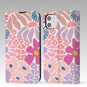 iPhone 16 Pro Max、iPhone 16 15 14 13 12、iPhone Pro Max、iPhone Pro、iPhone Plus用フラワーイラストウォレットフリップフォンケース