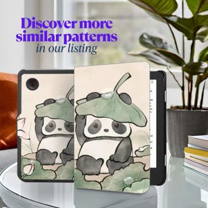 May include: A tablet case and e-reader case featuring a panda bear design with a green leaf hat. The panda is surrounded by green lily pads. The text "Discover more similar patterns in our listing" is displayed in purple.