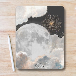 Personalized Moon Cloud Aesthetic iPad Case w Pen Slot, Slim Trifold Stand iPad Flip Case for iPad Pro 13 12.9 11, iPad Air 13", iPad Mini
