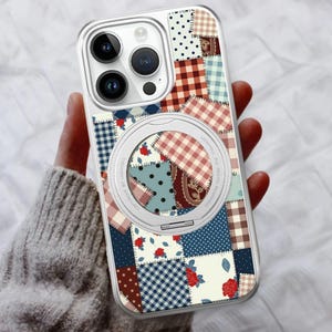 Étui de téléphone en cuir patchwork matelassé avec support magnétique pivotant à 360° pour iPhone 17, 17e, 16, 15, 14, iPhone Pro Max, Air Plus, compatible MagSafe.