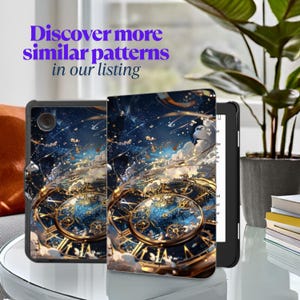 May include: A black tablet case with a celestial design featuring a clock face, stars, and clouds. The case is open, revealing the tablet screen. Text on the image reads, "Discover more similar patterns in our listing."