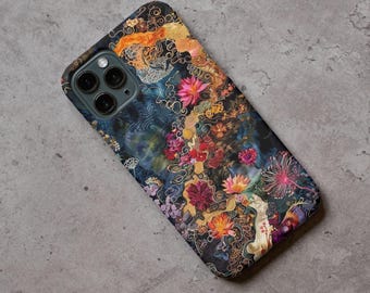 May include: A smartphone case with a colorful floral design. The case features a dark background with a vibrant array of flowers in shades of pink, orange, and red, accented with gold details. The case has a glossy finish.