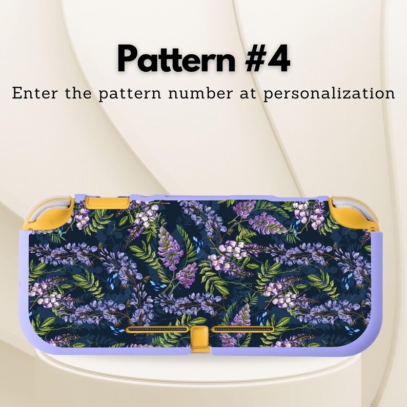 May include: A Switch Lite case with a floral pattern. The case features a dark blue background with purple wisteria flowers and green leaves. The case has a light purple border and yellow accents. Text at the top reads "Pattern #4".