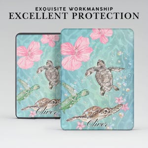 May include: Two cases with a sea turtle design. The cases have a teal background with pink hibiscus flowers, sea turtles, and bubbles. The text "EXQUISITE WORKMANSHIP EXCELLENT PROTECTION" is at the top. The name "Oliver" is written on the bottom.