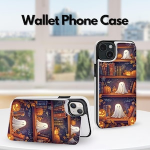 May include: Wallet phone case with a Halloween design. The case shows a bookshelf with pumpkins, ghosts, and books. The text "Wallet Phone Case" is at the top. The case is white and black.