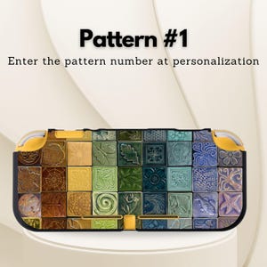 May include: A black and yellow game console case with a colorful mosaic tile design. The tiles feature various nature-inspired patterns in shades of brown, green, yellow, and blue. Text on the image reads "Pattern #1" and "Enter the pattern number at personalization."