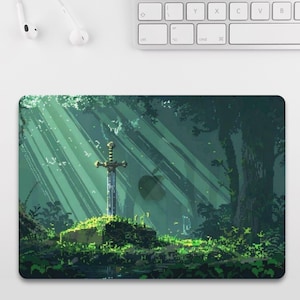 May include: A pixelated art mousepad featuring a sword in a forest clearing. The sword is upright on a moss-covered stone, with sunlight streaming through the trees. The color palette is dominated by greens and blues.