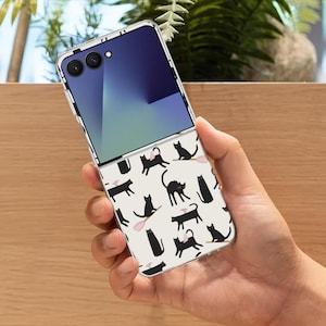 Black Cat Kitten Art Galaxy Flip Phone Case for Samsung Galaxy Z Flip 7 7FE, Galaxy Flip  6, ZFlip 5 4,  Shock Absorbent Aesthetic Cover