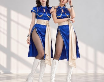 Chun-Li Costume Set for Street Fighter Cosplay, Halloween, Themed Party Outfit,  Blue Dress, Waist Sash, Tights & Boots