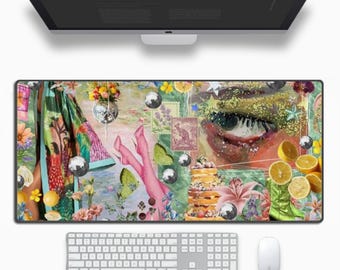 Cute Vibrant Patterns Aesthetic Collage Desk Mat, Large Rubber Mouse Pad, Water Repellent Table Cover Desk Pad for Writing, Laptop, Desktop