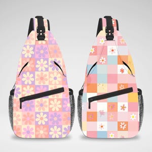 May include: Two sling backpacks with floral patterns. One features a pastel color scheme of pink, purple, and yellow flowers on a checkered background. The other has a pink, orange, and blue checkered pattern with white flowers. Both have black zippers and mesh side pockets.