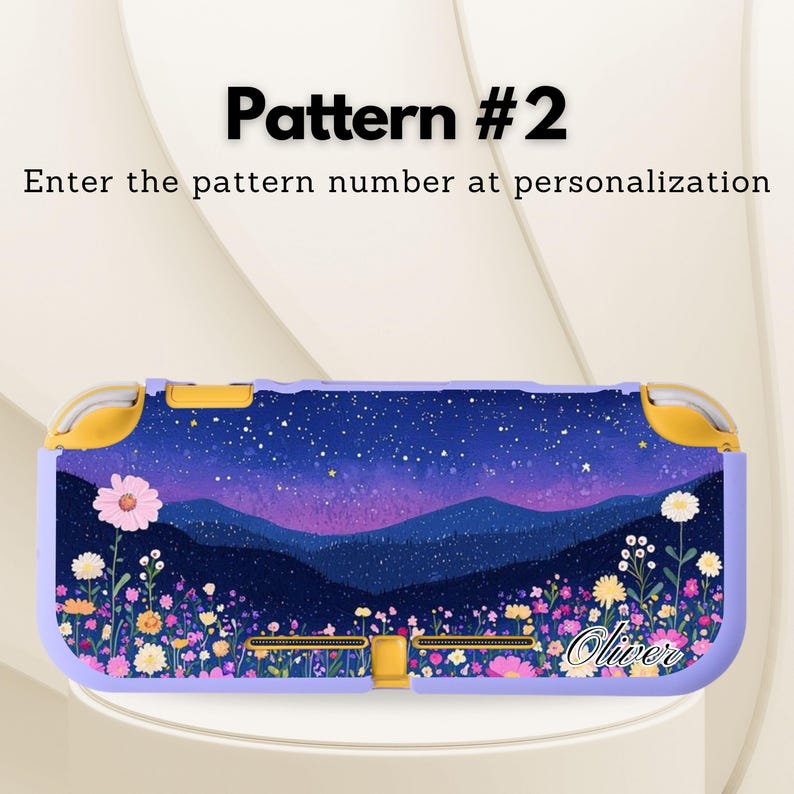 May include: A lavender and yellow Nintendo Switch case with a floral and mountain design. The case features a starry night sky, mountains, and colorful flowers. Text on the case reads "Pattern #2" and "Oliver's".
