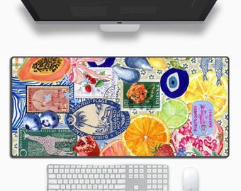 Cute Vibrant Pattern Aesthetic Collage Desk Mat, Large Rubber Mouse Pad, Water Repellent Table Cover Desk Pad for Laptop, Desktop