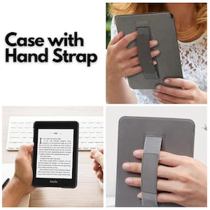Puede incluir: Una funda gris para lector electr&oacute;nico Kindle con una correa de mano gris. La funda se muestra en dos posiciones diferentes, una con la correa en el lado derecho y otra con la correa en el lado izquierdo.