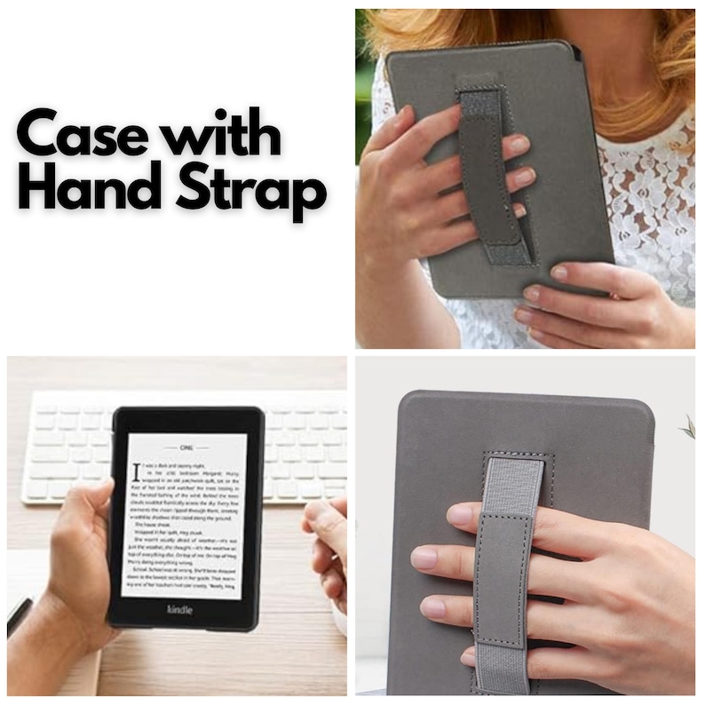 Puede incluir: Una funda gris para lector electr&oacute;nico Kindle con una correa de mano gris. La funda se muestra en dos posiciones diferentes, una con la correa en el lado derecho y otra con la correa en el lado izquierdo.