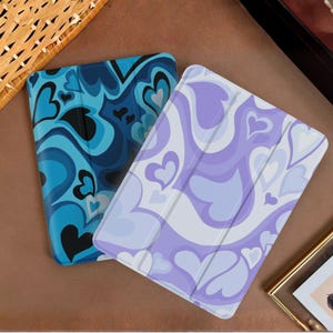 Abstract Liquid Heart iPad Case w Pencil Holder, Trifold Stand Cover for iPad Pro 13" 12.9" 11", iPad 11 10, iPad Air, iPad Mini Pro