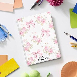 Personalized Name Pink Bow Tie Aesthetic Scrapbook iPad Case for iPad Pro 13 12 11, iPad Air 13", iPad 10 9, Collage Cover with Pen Slot