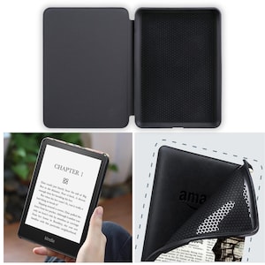 Puede incluir: Funda negra para lector electr&oacute;nico Kindle con una cubierta texturizada y un interior con patr&oacute;n de panal. La funda se pliega sobre la parte frontal del lector electr&oacute;nico para proteger la pantalla. La funda tiene un soporte integrado para leer con las manos libres. El lector electr&oacute;nico muestra un libro con el texto "CHAPTER 1" y "kindle" en la pantalla.