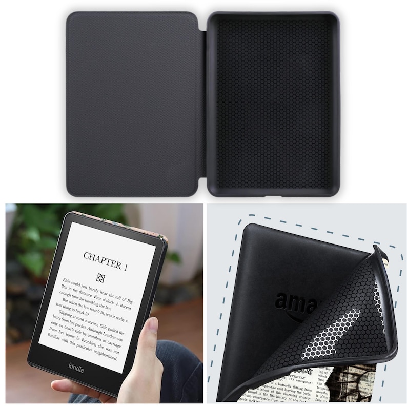 Puede incluir: Funda negra para lector electr&oacute;nico Kindle con una cubierta texturizada y un interior con patr&oacute;n de panal. La funda se pliega sobre la parte frontal del lector electr&oacute;nico para proteger la pantalla. La funda tiene un soporte integrado para leer con las manos libres. El lector electr&oacute;nico muestra un libro con el texto "CHAPTER 1" y "kindle" en la pantalla.