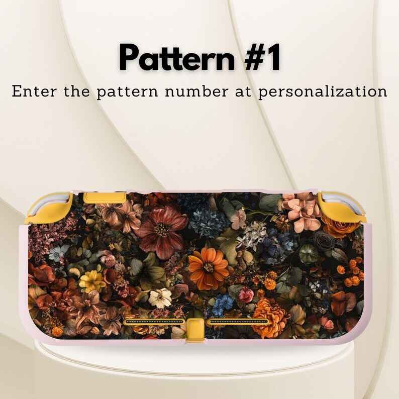 May include: A floral patterned Switch Lite case with a dark background and a variety of flowers in shades of orange, red, pink, and yellow. The case has a light pink border and yellow accents. Text on the image reads "Pattern #1" and "Enter the pattern number at personalization."