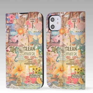 Capa tipo carteira tipo flip com colagem Ocean Beach para iPhone 16 Pro Max, iPhone 16 15 14 13 12, iPhone Pro Max, iPhone Pro, iPhone Plus