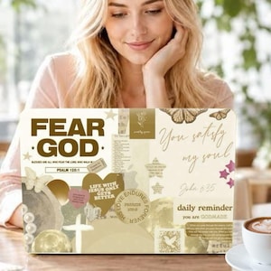 May include: A laptop skin featuring a collage of beige and gold tones with the text FEAR GOD, PSALM 128:1, You satisfy my soul, John 6:35, and daily reminder you are GODMADE. The design includes butterflies, stars, a cross, and heart shapes.