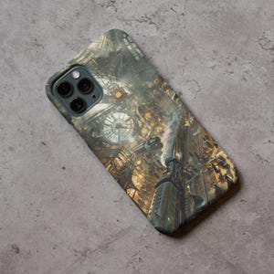 May include: A phone case with a steampunk design featuring a clock tower, a train, and gears. The case is made of a durable material and has a high-quality print.