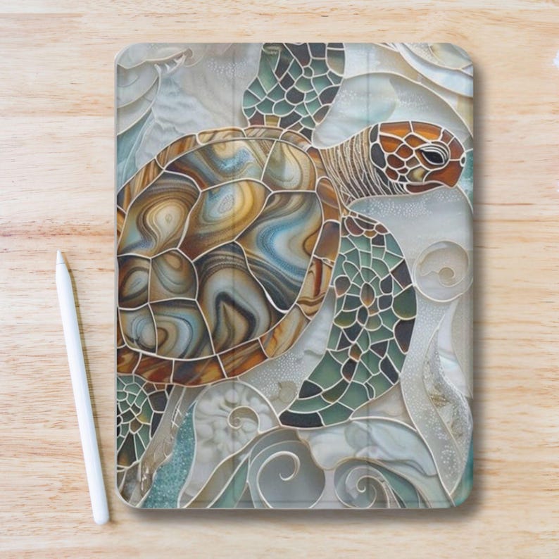 Turtle Shell Protection Tablet Personalized Sea Turtle Stained Glass iPad Case W Pen Slot, Trifold ...