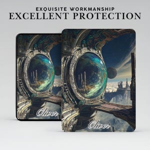May include: Two rectangular protective cases featuring a sci-fi illustration of a circular portal overlooking a futuristic landscape with clouds and a dark planet. The name Oliver is printed in white script at the bottom. Text reads EXQUISITE WORKMANSHIP EXCELLENT PROTECTION.