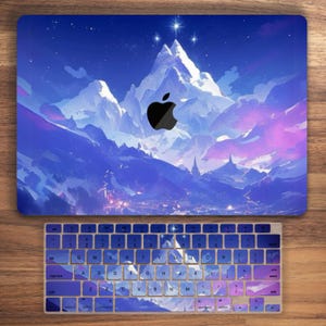 May include: A laptop skin with a blue and purple mountain landscape with stars and a white peak. The skin is designed to fit a MacBook laptop.