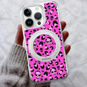 Leopard Skull 360 Spin Magnetic Stand Leather Phone Case for iPhone 17 17E 16 15 14, iPhone Pro Max, iPhone Air Plus, MagSafe Compatible