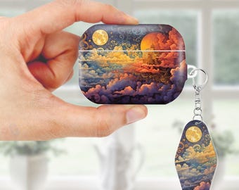 Celestial Moon Sun Case for AirPods, AirPods Pro, Protective Cover bundle with Keychain, Anti Lost Strap